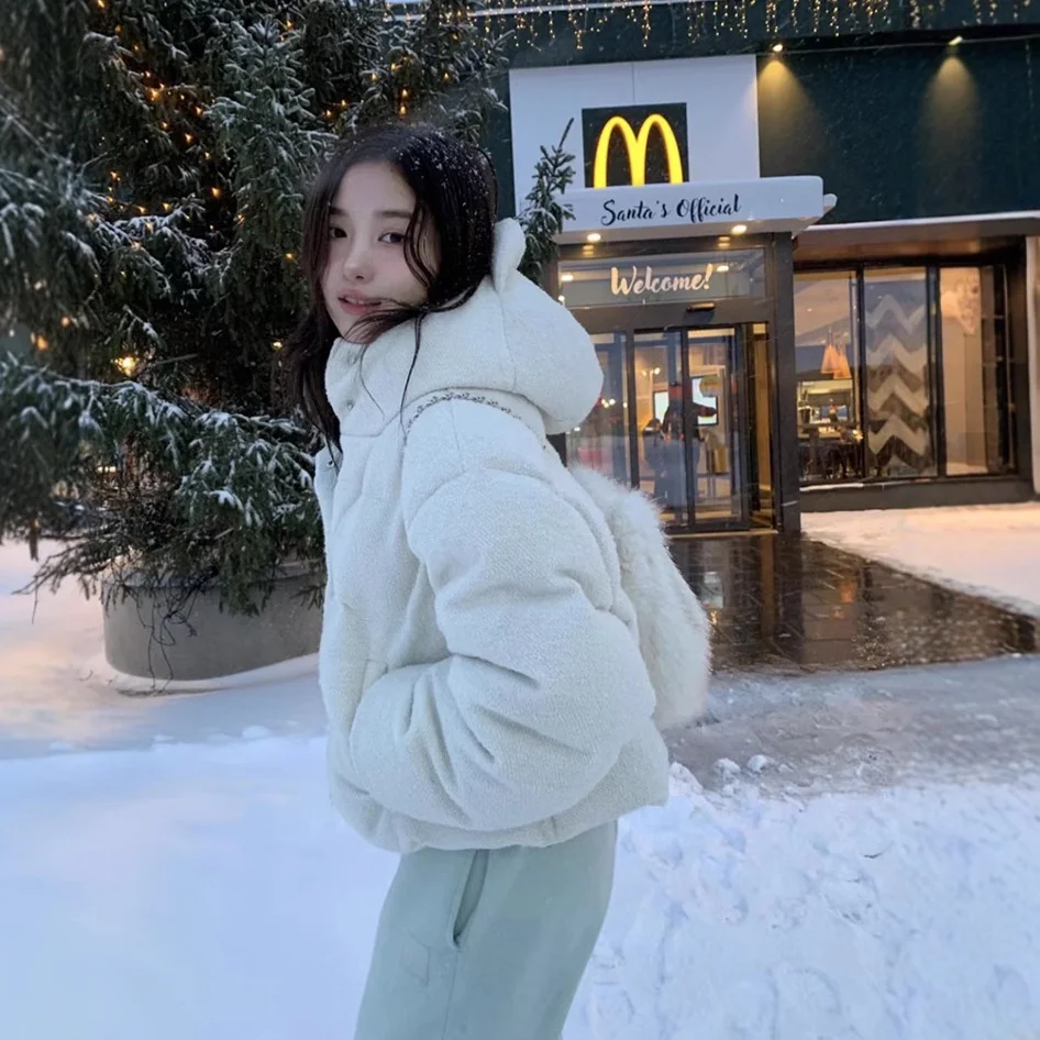 

Korean Sle ort Hatted Woolen down Jaet 2024 Winter New Bread Coat Thebarnnt Warmth Ultra Thi ort Length Polyester