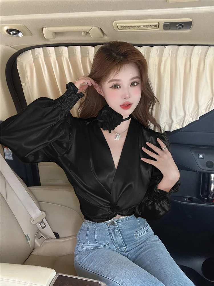 Fashion Short Satin Blouse Corss V Neck Long Puff Sleeves Elastic Halter Drawstring Sexy Women Streetwear  Retro Top