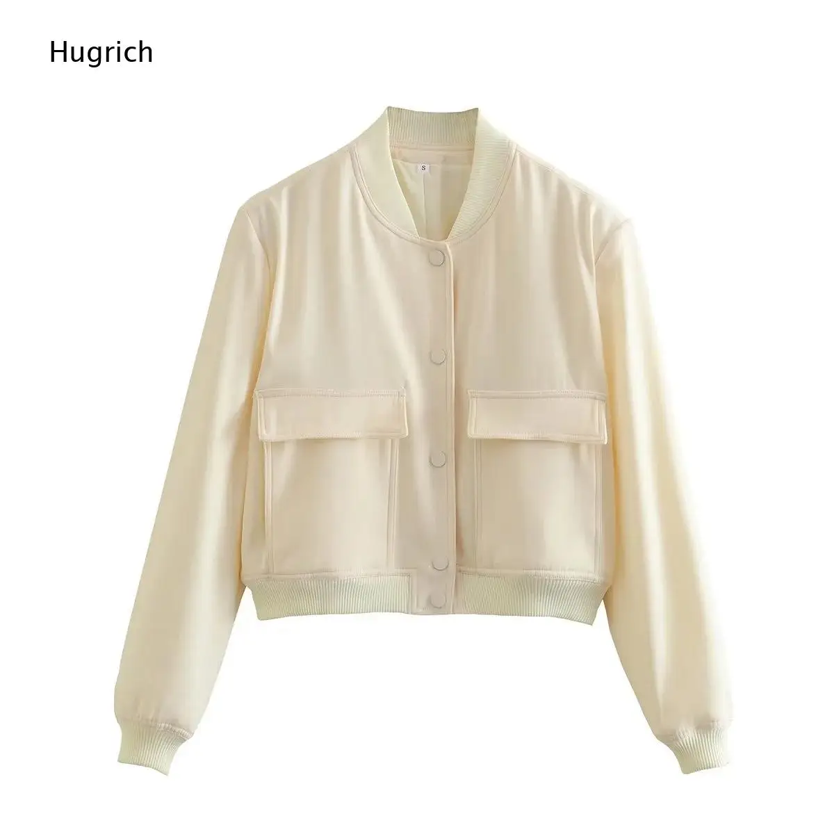 Ribbed Baseball Collar Bomber Jacket Snap Button Front Dual Flap Pocket Long Sleeve Cropped Casual Outer Coat