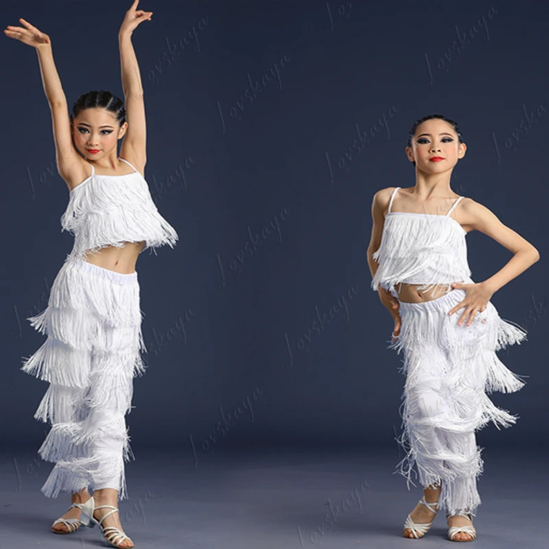 Trajes de baile latino para niñas, trajes con flecos, trajes de competición para niños
