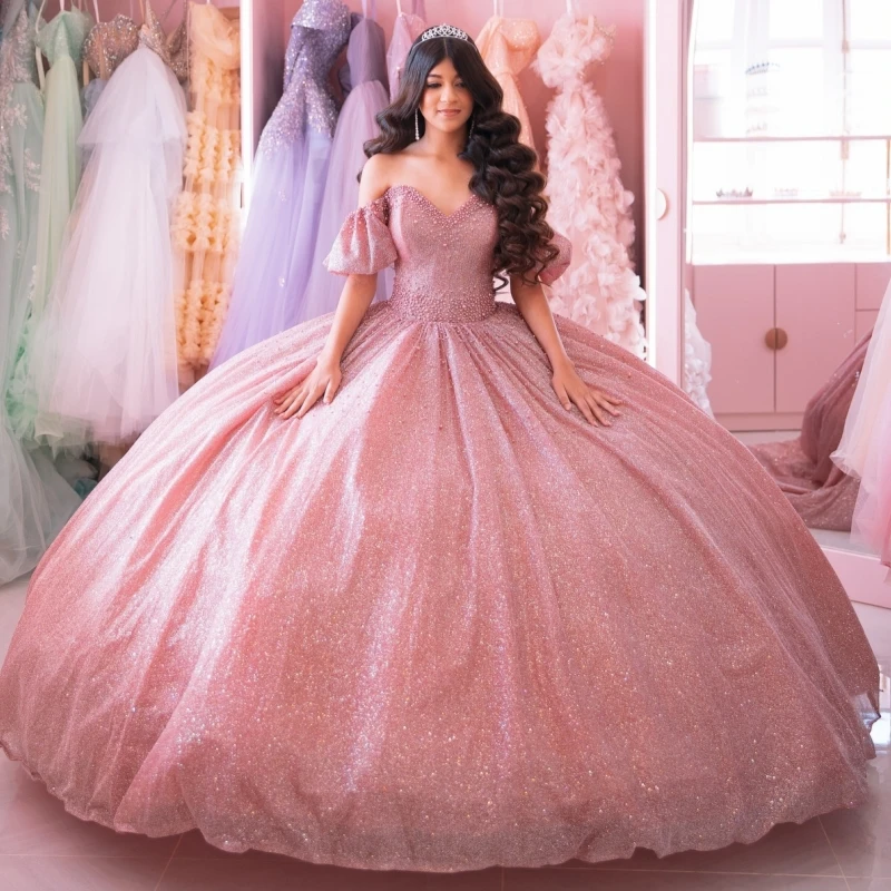 

Pink Shiny Quinceanera Dresses Off The Shoulder Beading Tull Party Birthday Sweet 16 Dress Vestidos 15 De Anos