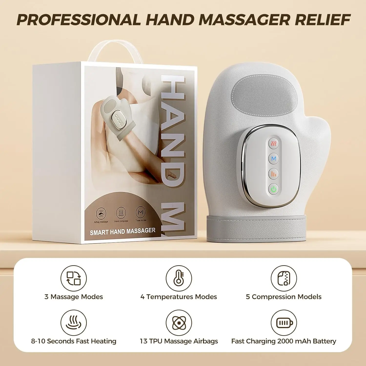 

Electric Smart Hand Massager with Heat Air Bag Compression Glove Intensity Adjustment Relieve Muscles Pressure Rechargeable Use