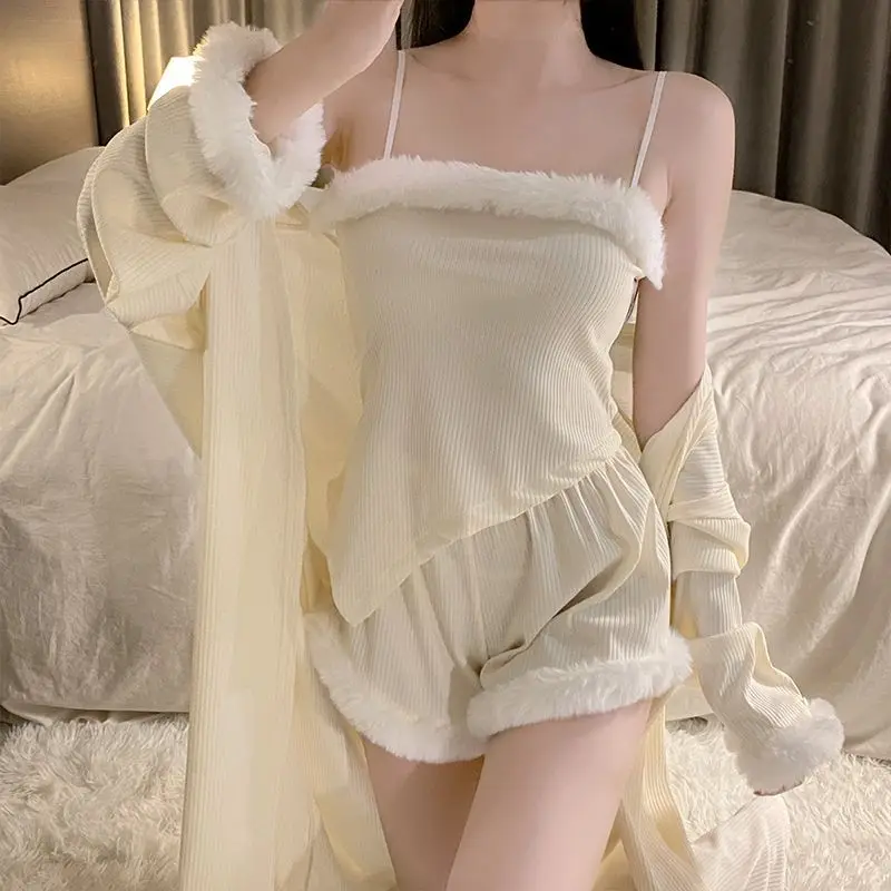 

3Pcs Modal Pajamas Set Sexy Cami Top&shorts Robe Women Autumn Winter Sleepwear Luxury Feather Patchwork Nightwear Loungewear