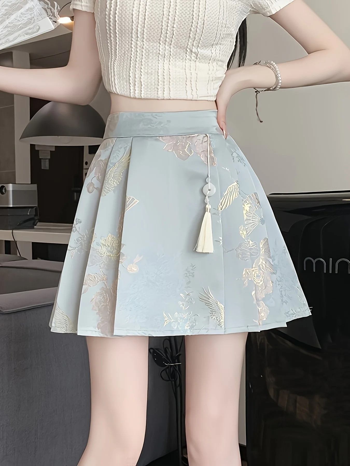 New Chinese Style Jacquard Embroidered Pleated Skirt for Women Spring/summer High-Waisted Anti-See-Through A-Line Short Skirt