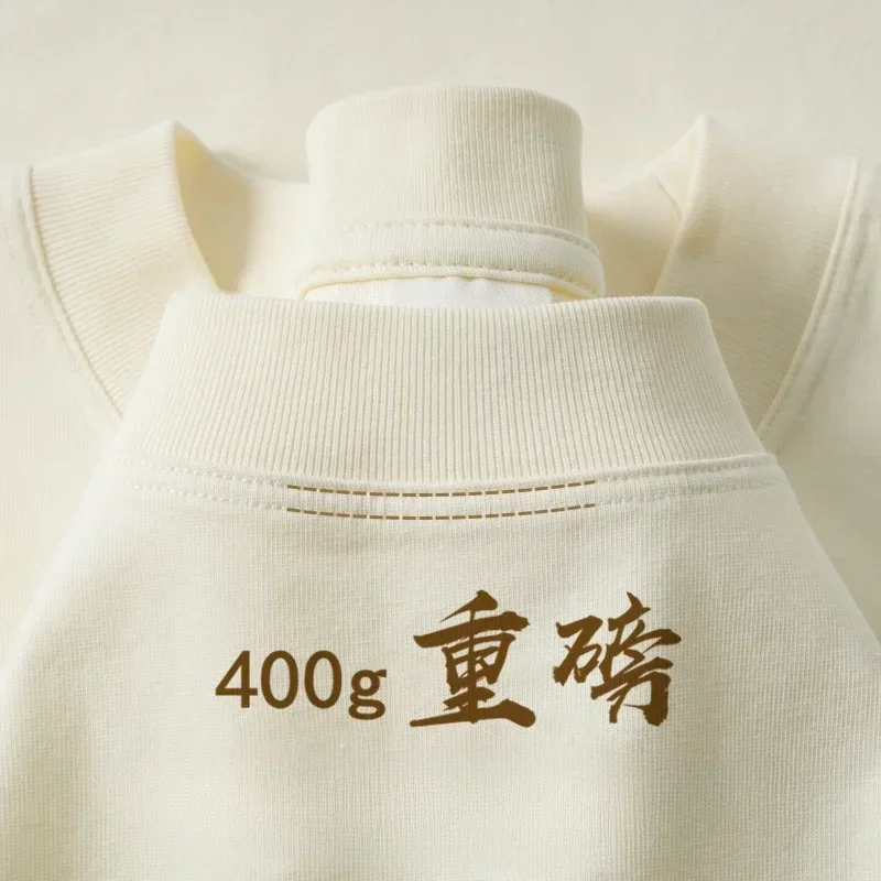 400G Heavy Small Neckline Pure Cotton Short-sleeved T-shirt Men's Summer Pure White Thick American Half-sleeved Bottoming Shirt image 4