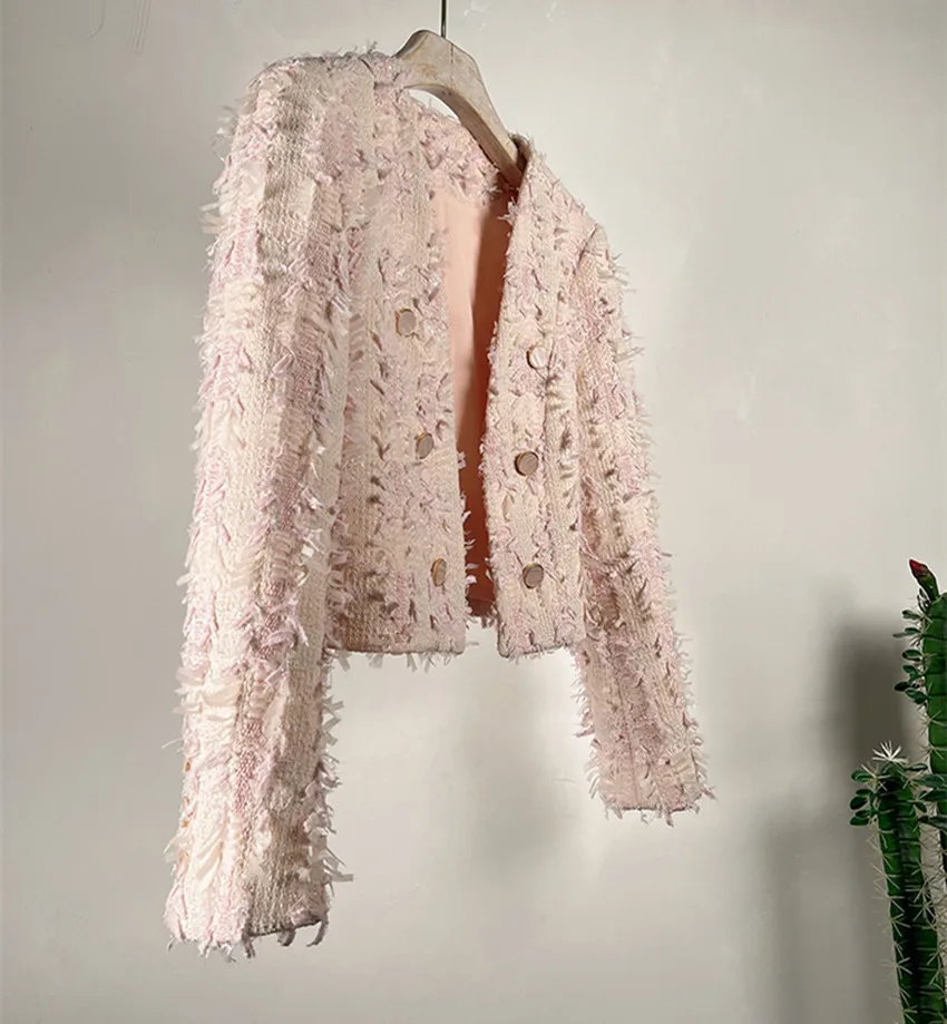 Fashion High Quality Women Pink V Neck Tweed Cropped Jacket Coat French Autumn Winter Double-Breasted Tassel Cardigan Short Tops