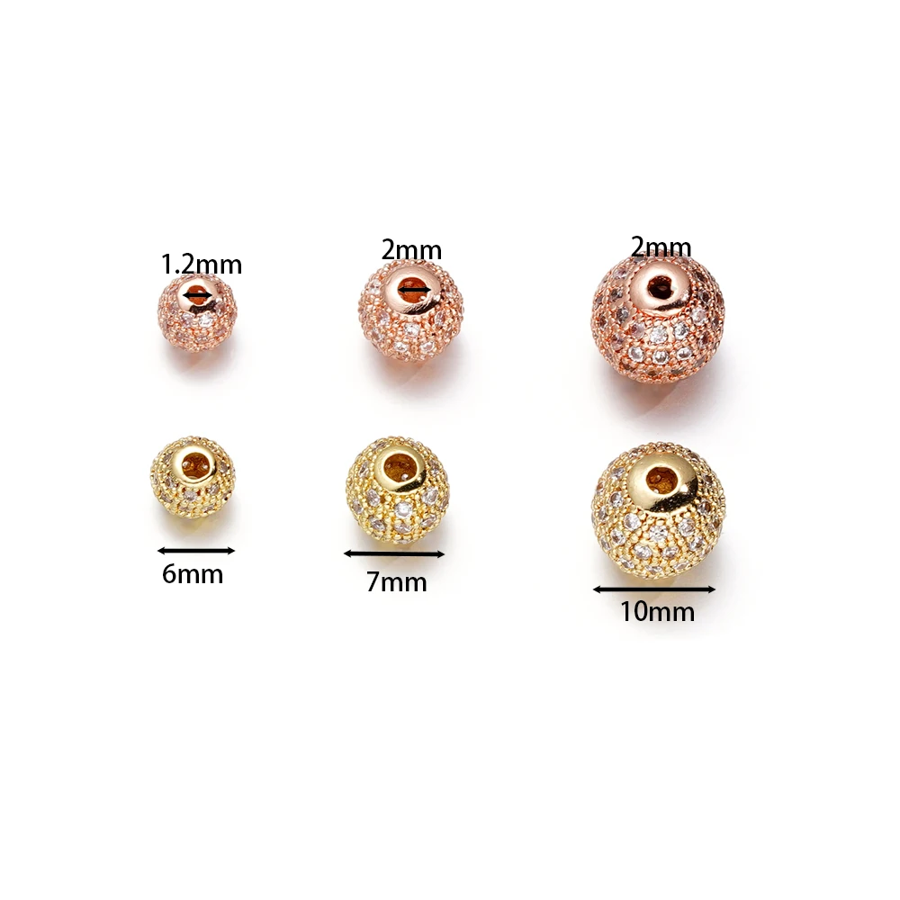5pcs/Lots 6/8/10mm Copper Paved Zircon Beads Metal Round Spacer Loose Beads for Necklace Bracelet Jewelry Making Accessories