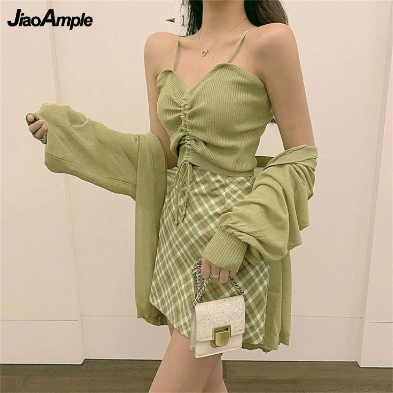 

Women's Summer 3 Piece Skirts Set Korean Ladies Sweet Short Shirring Camisole Sun Shirt Plaid Skirts Outfits Streetwear Female