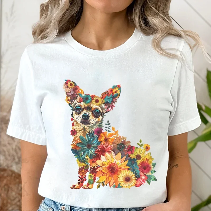 

T Shirt for Women Floral Chihuahua Blouse Fashion Short Sleeve Tees Harujuku Ulzzang Summer Y2k Tops Female Aesthetic Clothing