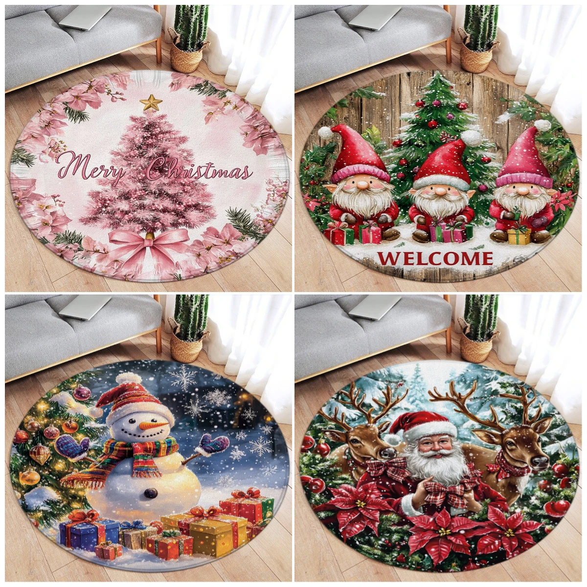 

Winter Christmas Round Carpet Santa Claus Snowman Xmas Tree Gift Floral New Year Home Living Room Bedroom Decoration Floor Rugs