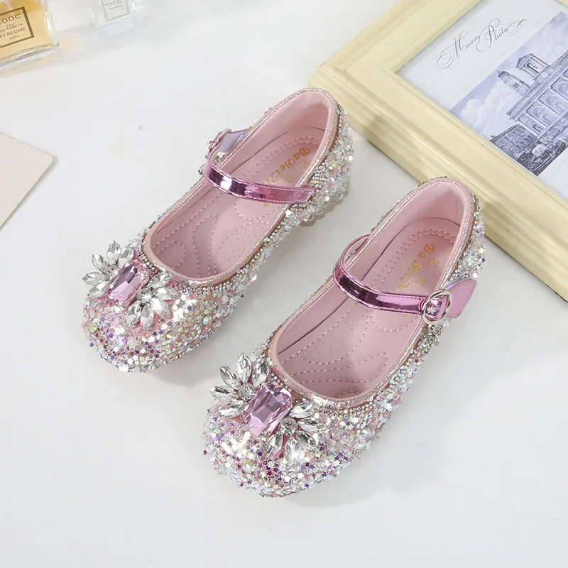 Bambini ragazze tacchi alti bambine calzature da principessa in pelle di cristallo nuove feste per bambini, balli, scarpe con paillettes per