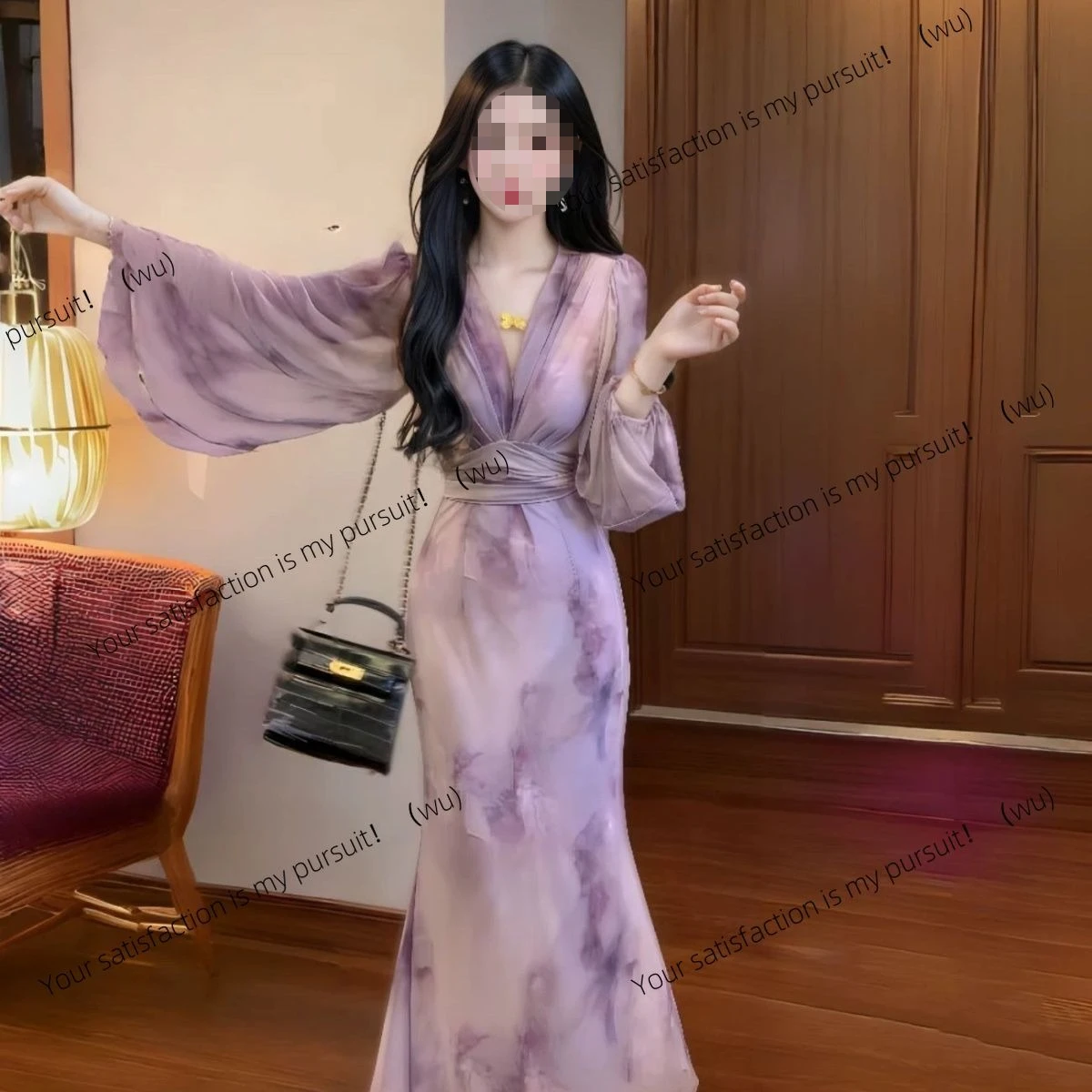 

150 кг, большой размер, толстое мм, французское нежное ретро-платье, новое эластичное фиолетовое платье с темпераментом и пятнами