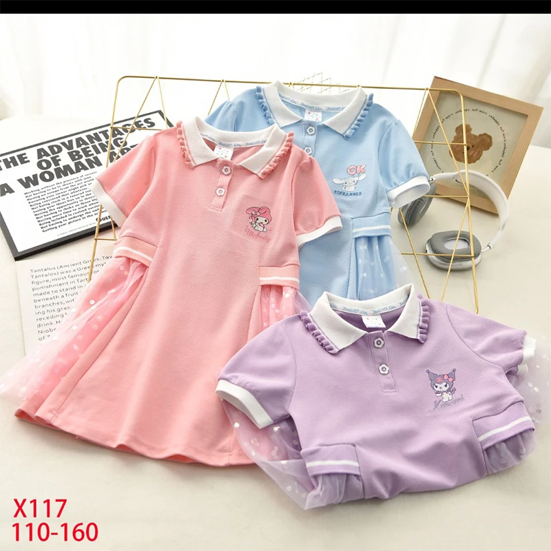 

2024 Sanrio My Melody Derss Kawaii Anime Kuromi Cinnamoroll Polo Dress Girl Heart Sweet Cute Cartoon Babys Clothes Gift for Kids