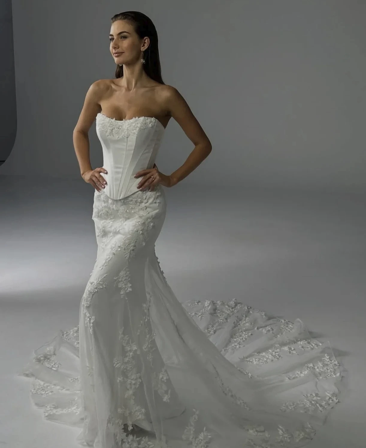 Customized Timeless Delicate Chic Sheer Strapless Mermaid Floor Length Lace Appliques Sweep Train Glamorous Formal Evening Gown