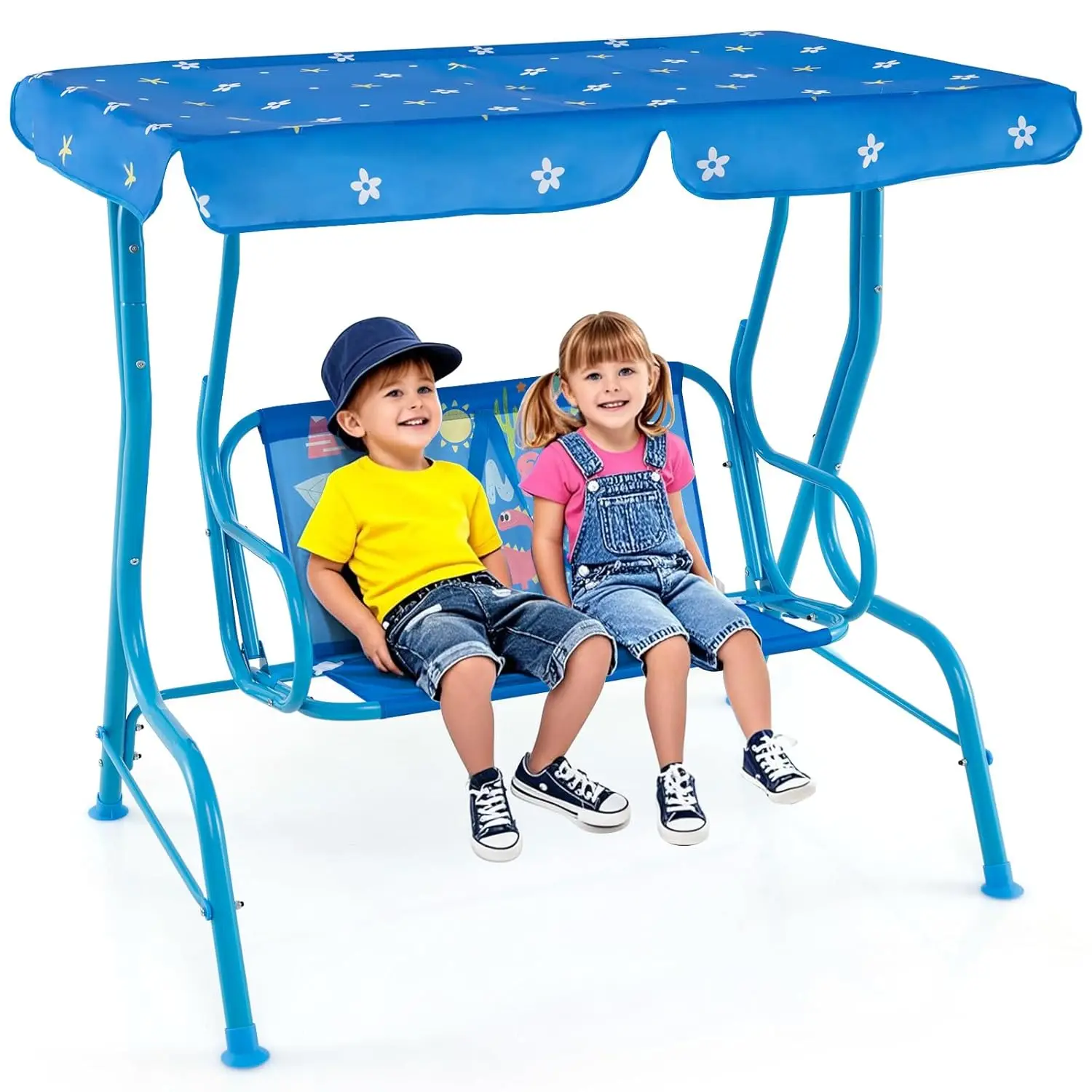 

2-Seater Kids Patio Swing Chair Adjustable Canopy Safety Belt All Weather Garden Poolside Blue Dinosaur, Customized