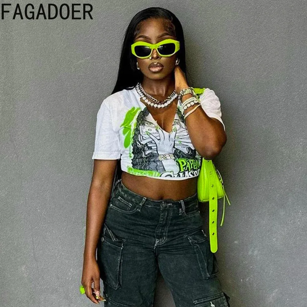 FAGADOER Y2k Streetwear Baggy Graphic Tee Womens Short Sleeve V-neck T Shirts Baddie Crop Tops for Women Vintage Clothes 2024