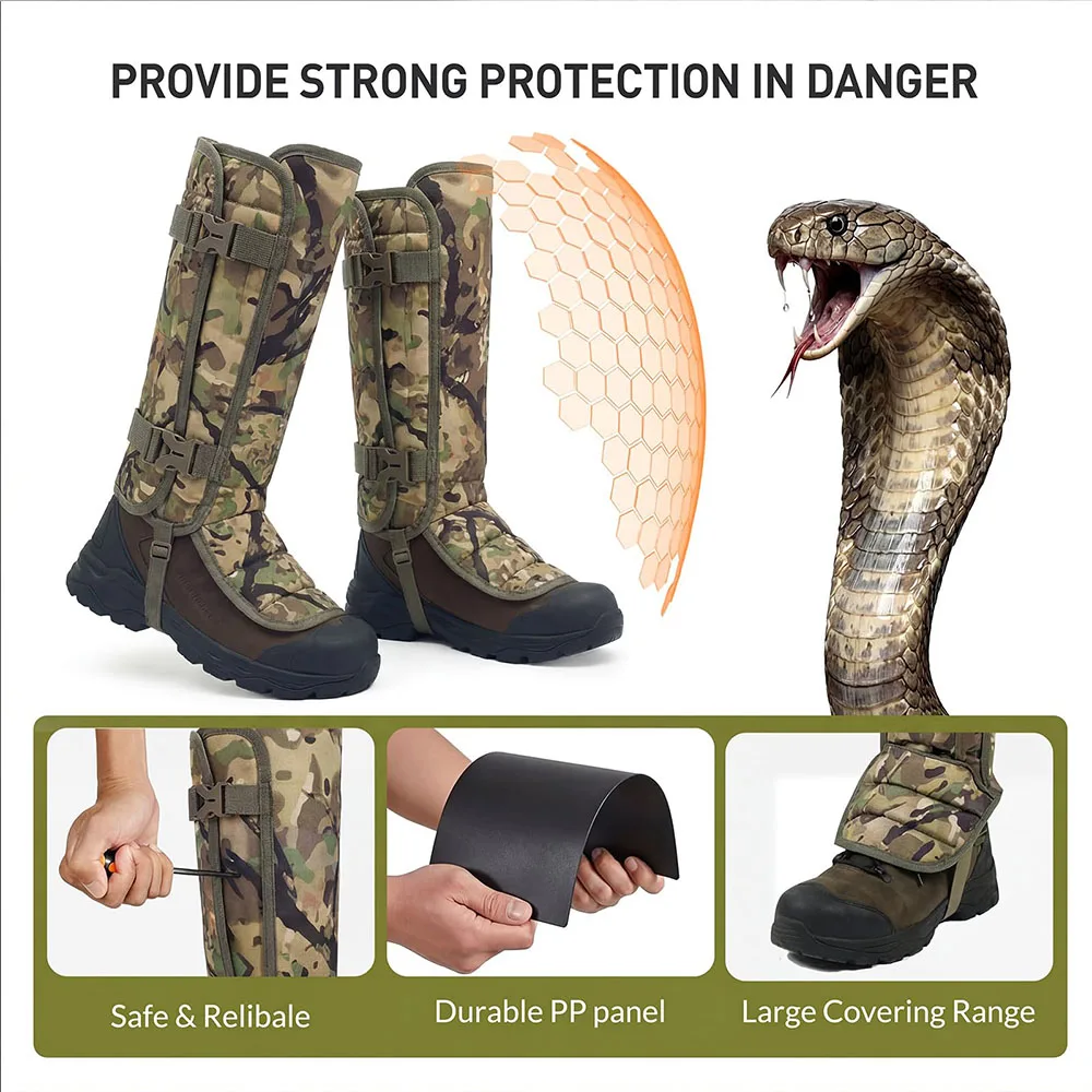 QX Tactical Camo Snake Gaiters Waterproof Leg Guards with PE Protection Boards Outdoor Hunting Hiking Trekking Gear