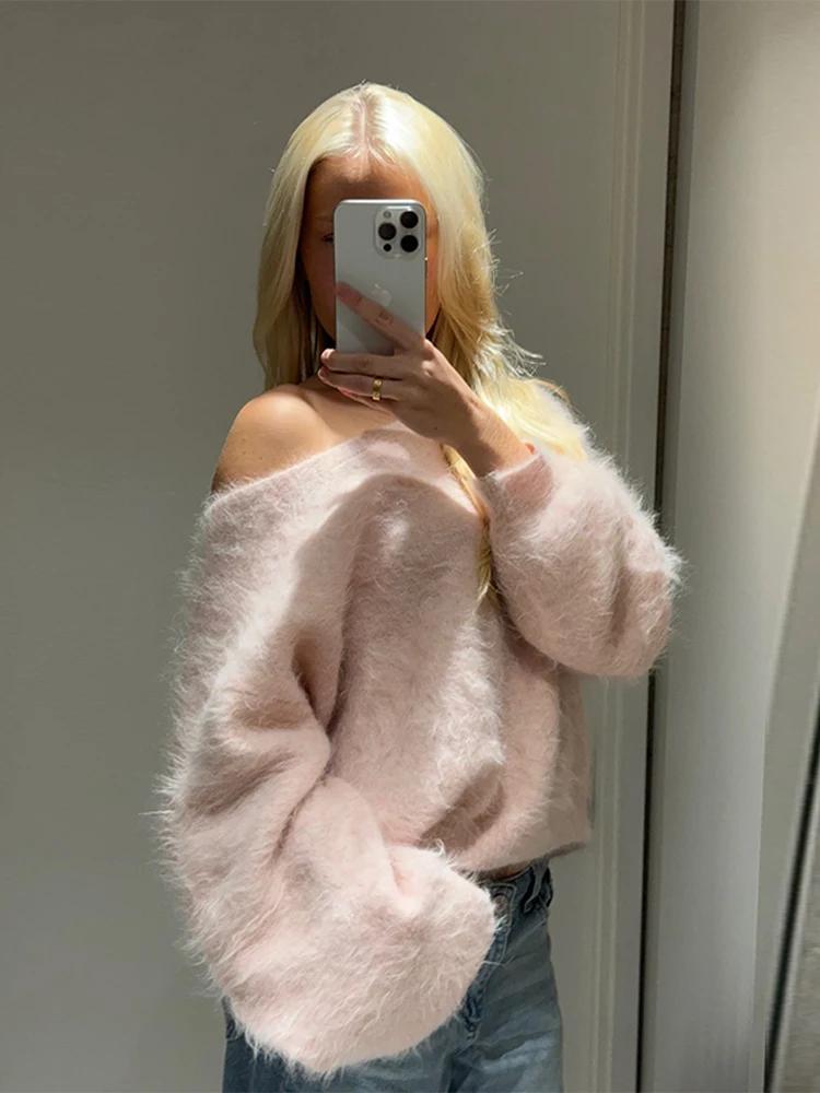 

Модный свитер с открытыми плечами, женский однотонный свободный универсальный пуловер с длинными рукавами, осень 2022, новые женские повседневные топы