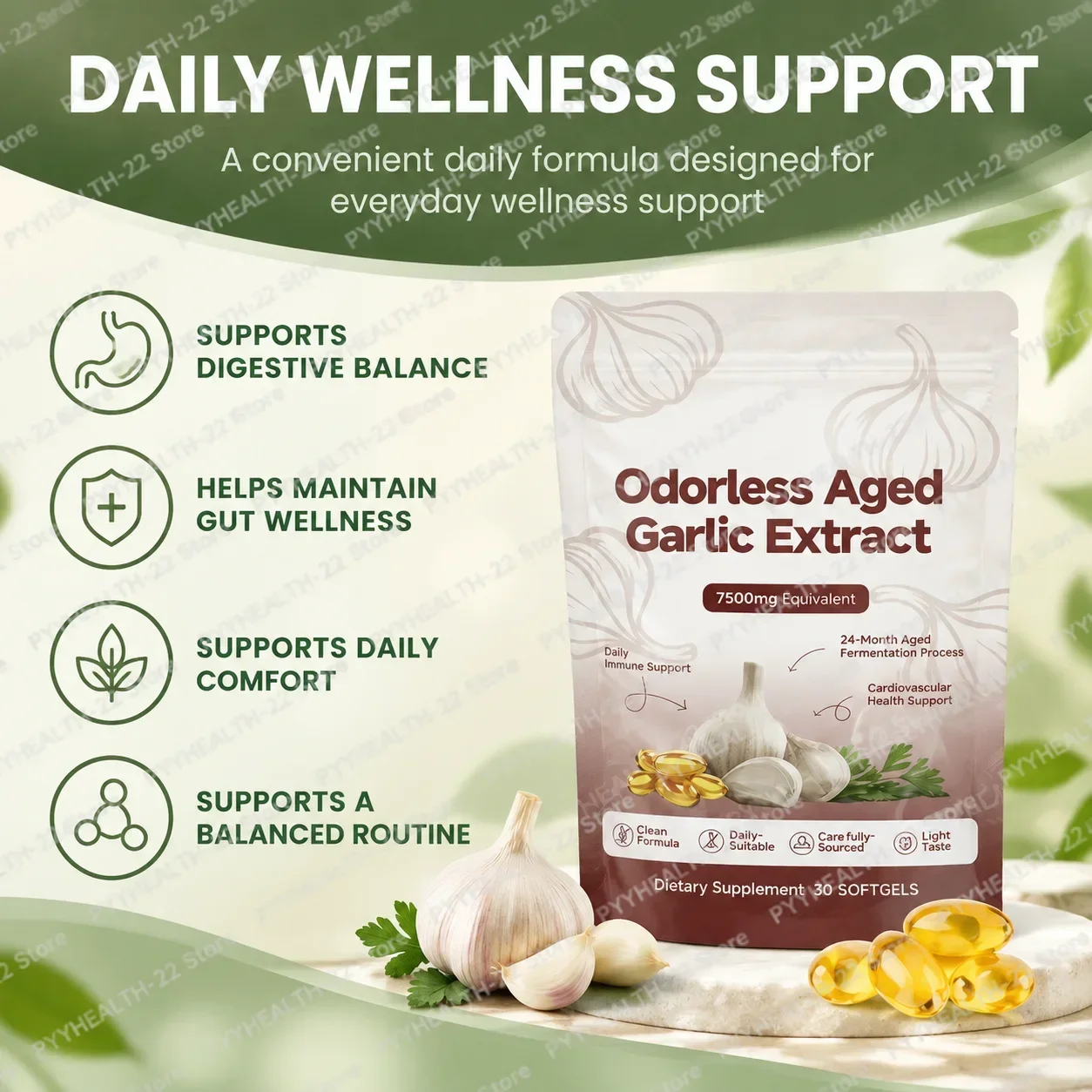 Aged Garlic Extract Softgels,Gut Comfort & Daily Immune Wellness with Odorless Garlic Extract 7500mg Equivalent,30 Softgels