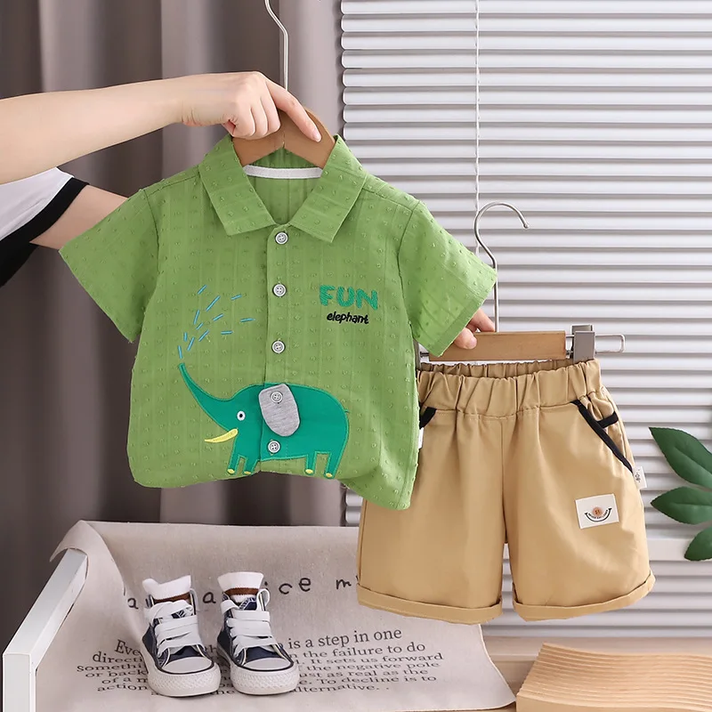 New Arrival Toddler Boys 2Pcs Set Cute Elephant Print Turn-down Collar Short Sleeve Shirt and Elastic Waist Shorts Summer Outfit