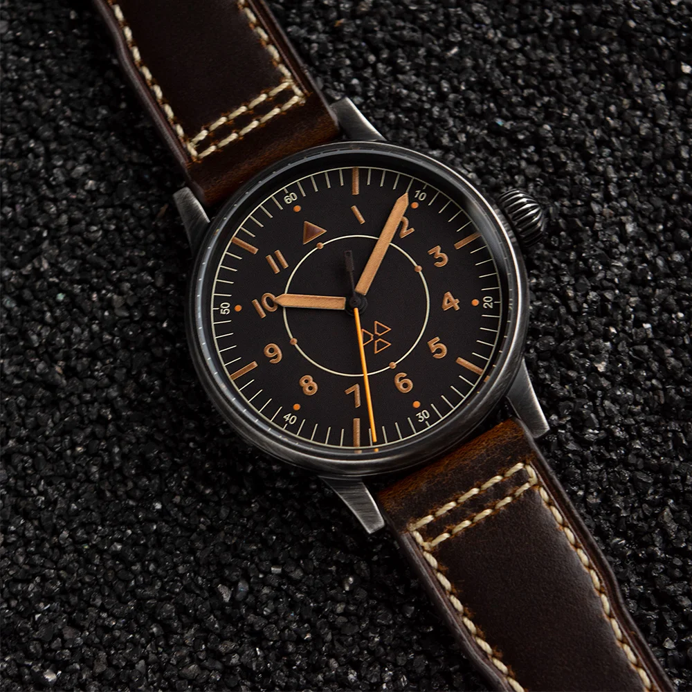 New Hruodland F013 Automatic Mechanical Retro Men Pilot Watch Old Treatment PT5000 10ATM Stainless Steel Wristwatch Reloj Hombre