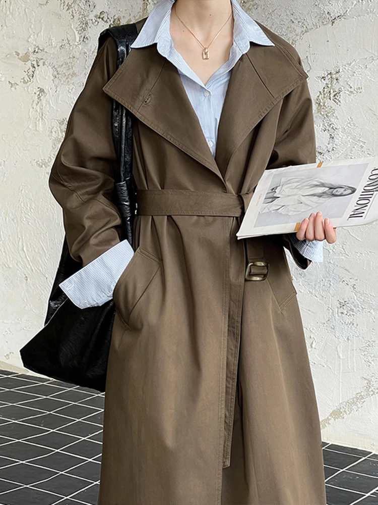 DEAT Fashion Women Trench Coat Big Lapel Loose Long Sleeves Single Button Grey Sashes Loose Windbreaker Autumn 2024 New 7AB5197