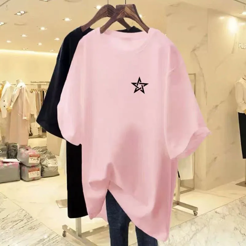 

Women Fashion Chic Loose Pullovers Summer New Pure Cotton Casual O-neck T-shirt Geometric Printed Basics Top Tee