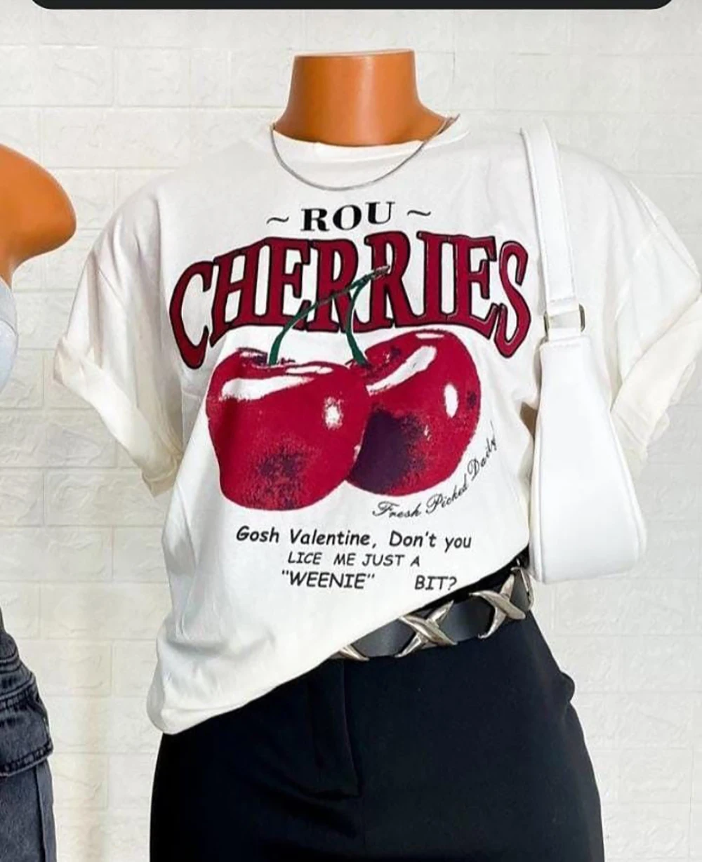 Rou cerises graphique femmes T-Shirt coton Kawaii mignon décontracté ample surdimensionné fruits femme T-Shirt manches courtes haut d'été