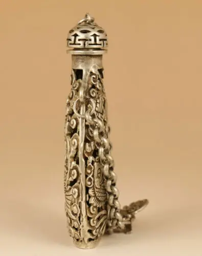 old tibetan silver hand carved hollow out fish lotus statue snuff bottle pendant