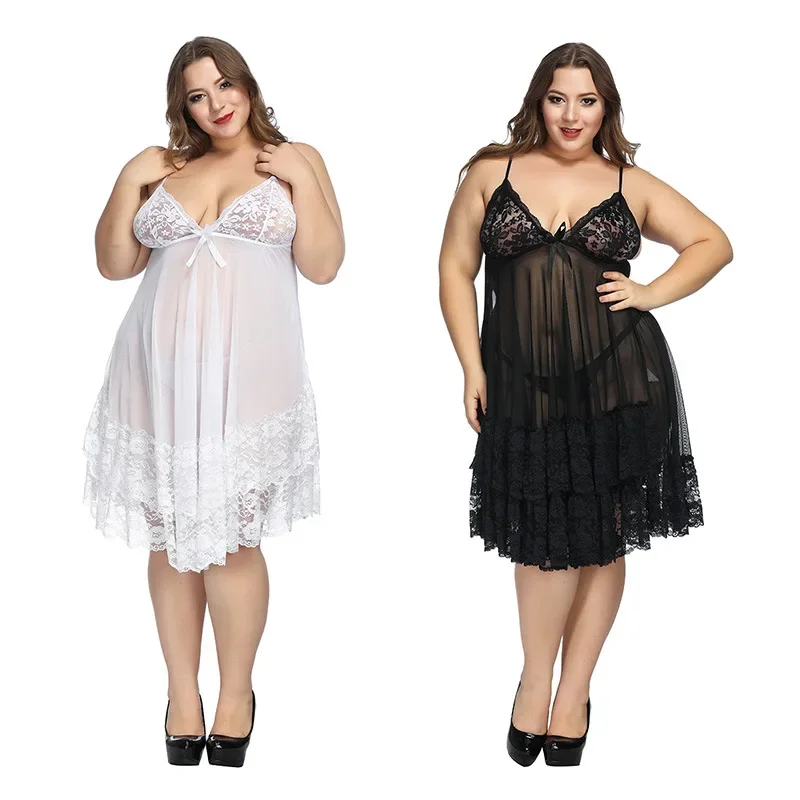 6XL Big Size Sexy Nightdress with Thong Hot Erotic Dress See-Through Lace Women Sleeveless Pajama Sexy Dress Nightwear Underwear