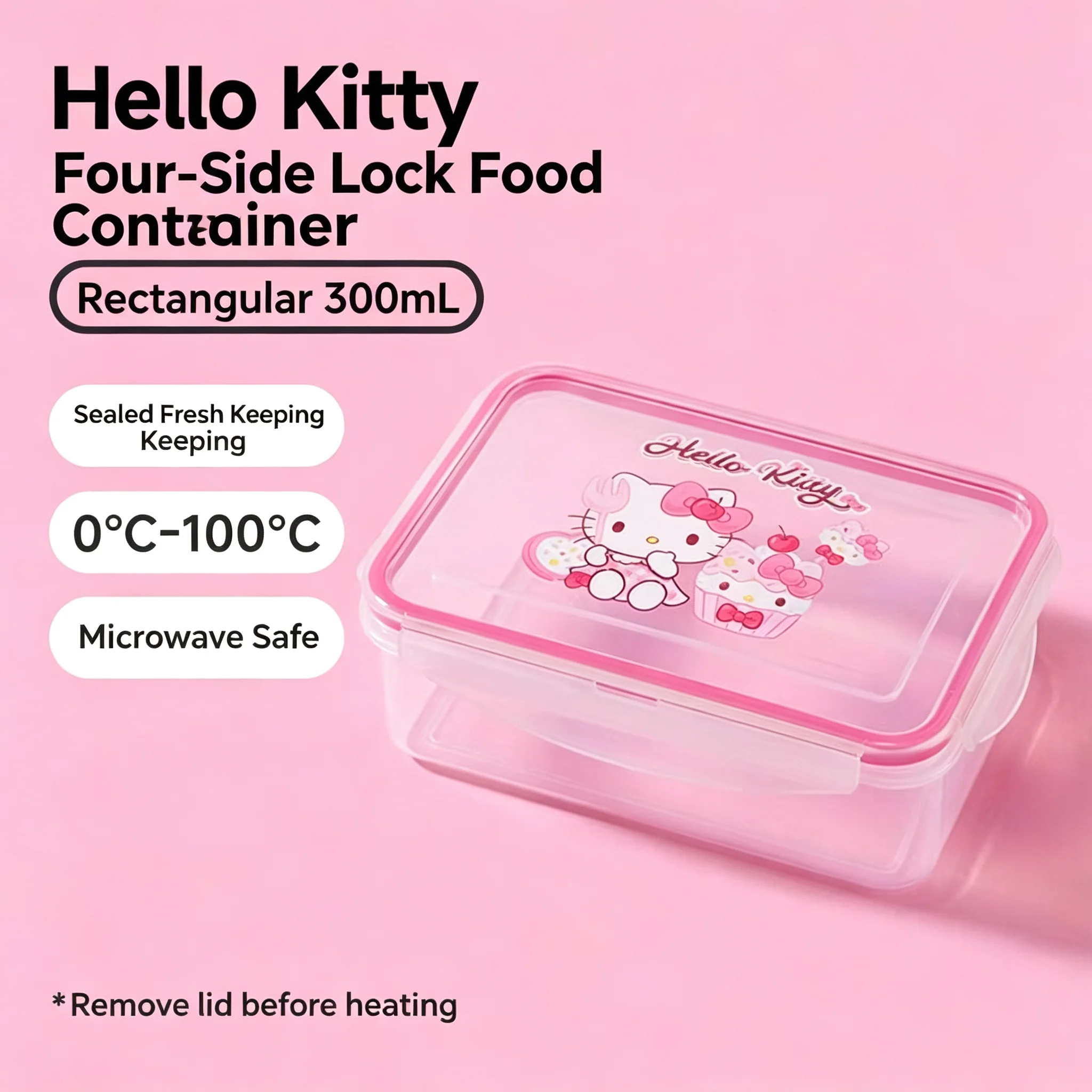 Official Hello Kitty Airtight Food Container Square Rectangle Four Buckle Sealed Cover Microwave Safe Clear Plastic Lunch Box