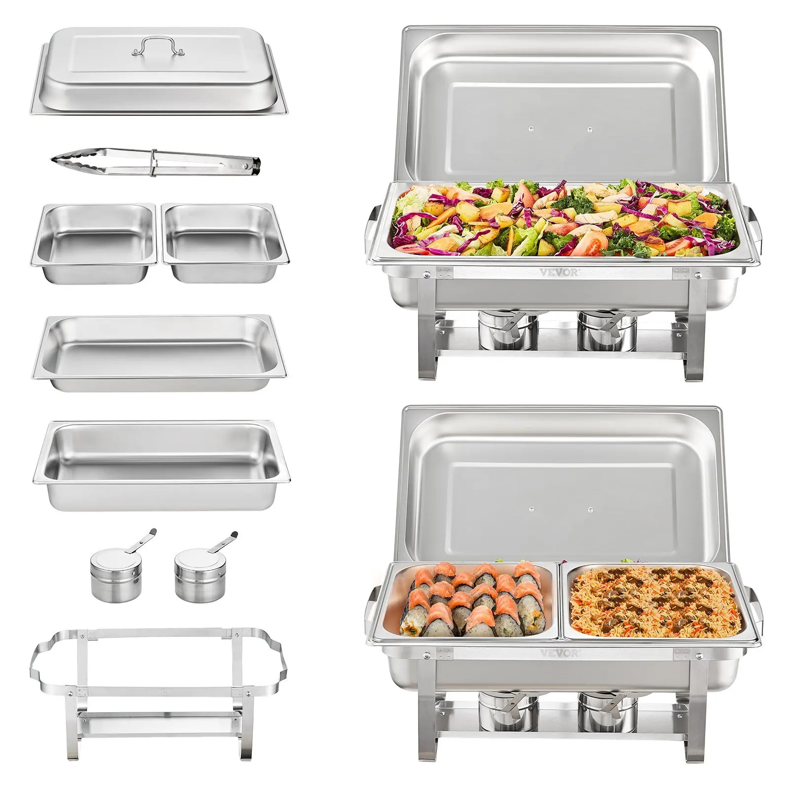 VEVOR 2-Pack Rectangle Chafing Dish Set 2 Full-Size 8Qt Pan 4 Half-Size 4Qt Pans