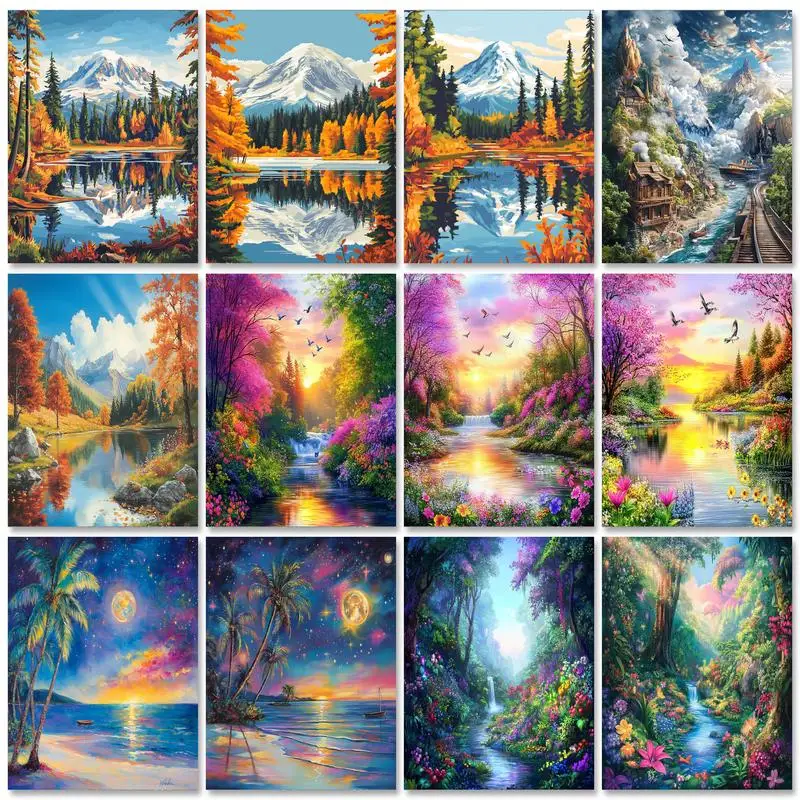 

RUOPOTY Acrylic Diy Painting By Numbers Forest Village Landscape Picture With Numbers For Home Wall Art Decors 60x75cm