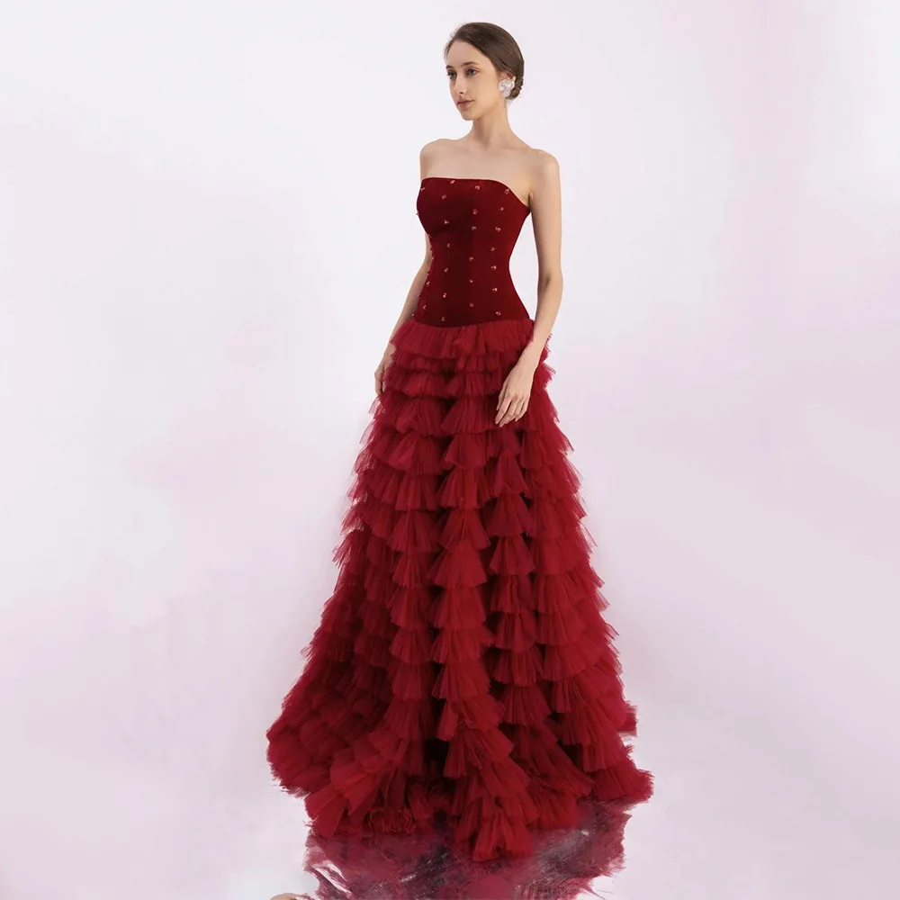 Vestidos de baile luxuosos em camadas babados cristal sem alças sem mangas vestidos formais femininos longo até o chão uma linha vestido de noite