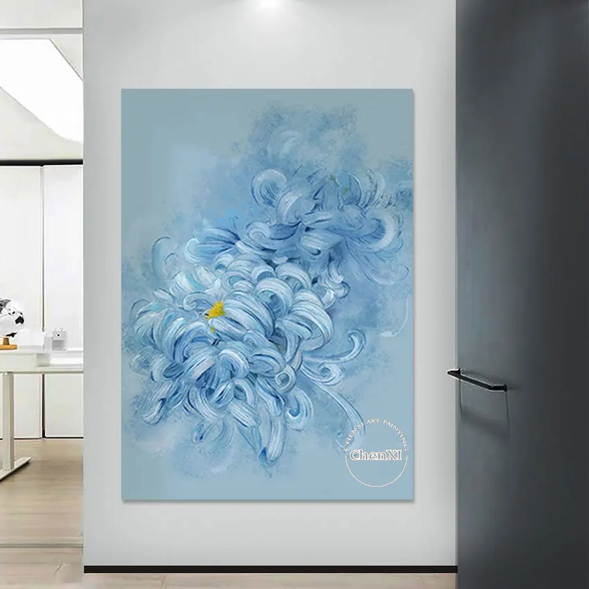 

Huge Size Luxury Canvas Art Hotel Decor, Blue Chrysanthemum Flower Picture, Oil Painting for Porch Decor, Unframed, Hand Painted