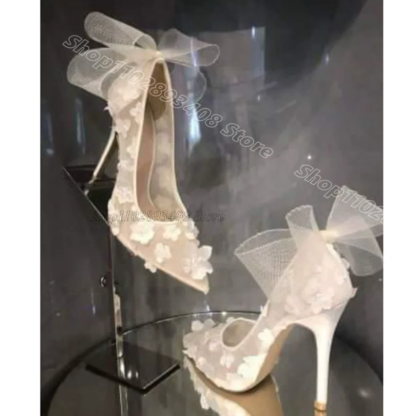 

Bowknot Flower Decor Stiletto Pumps Air Mesh Lace Pointed Toe Solid Wedding Party Dress Fashion Women Shoes Zapatos Para Mujere