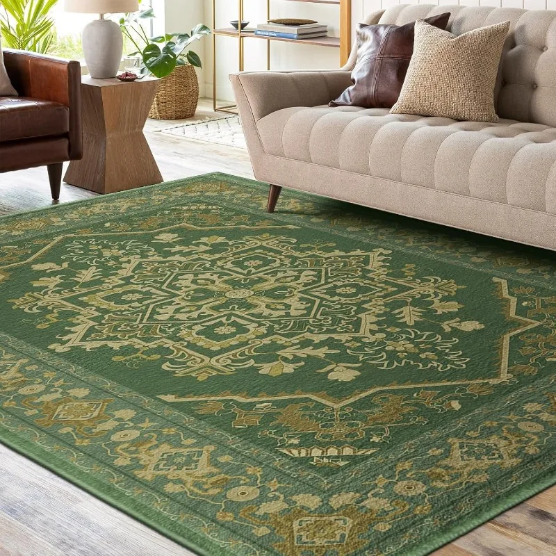 Dark Green Retro Pattern Living Room Carpet Large Area Sofa Rugoldable Machine Washable Bedroom Bedside Non-slip Soft Floor Mat