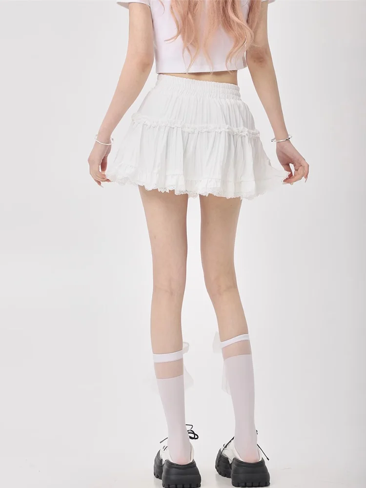 Kawaii Mini Skirt Lolita Lace Ruffles Patchwork Sweet Women Preppy Style Solid Korean Fashion Female High Waist Skirts
