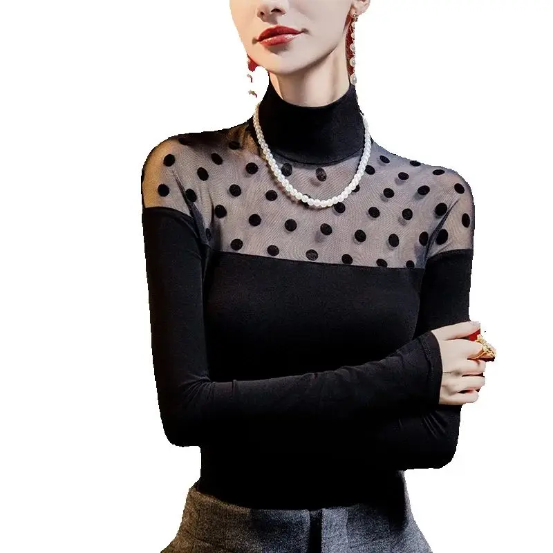 MadBlack-여성용 플로킹 티셔츠, 섹시한 터틀넥 도트 패치워크 상의, 스트리트웨어 긴팔 슬림 티, 가을 겨울 T4N942CC