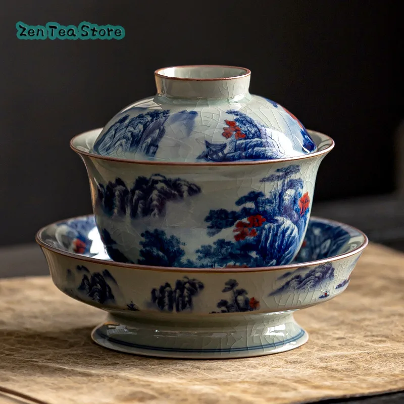 Blue And White Imitated Ancient Glaze Red Cover Bowl Teacup Ceramic Ru Kiln Open Piece Can Raise Three Tea Bowl Single