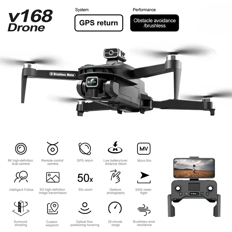 V168 Drone 8K 5G GPS Professional HD Aerial Photography Dual-Camera Omnidirectional Obstacle Avoidance Drone 2024 New