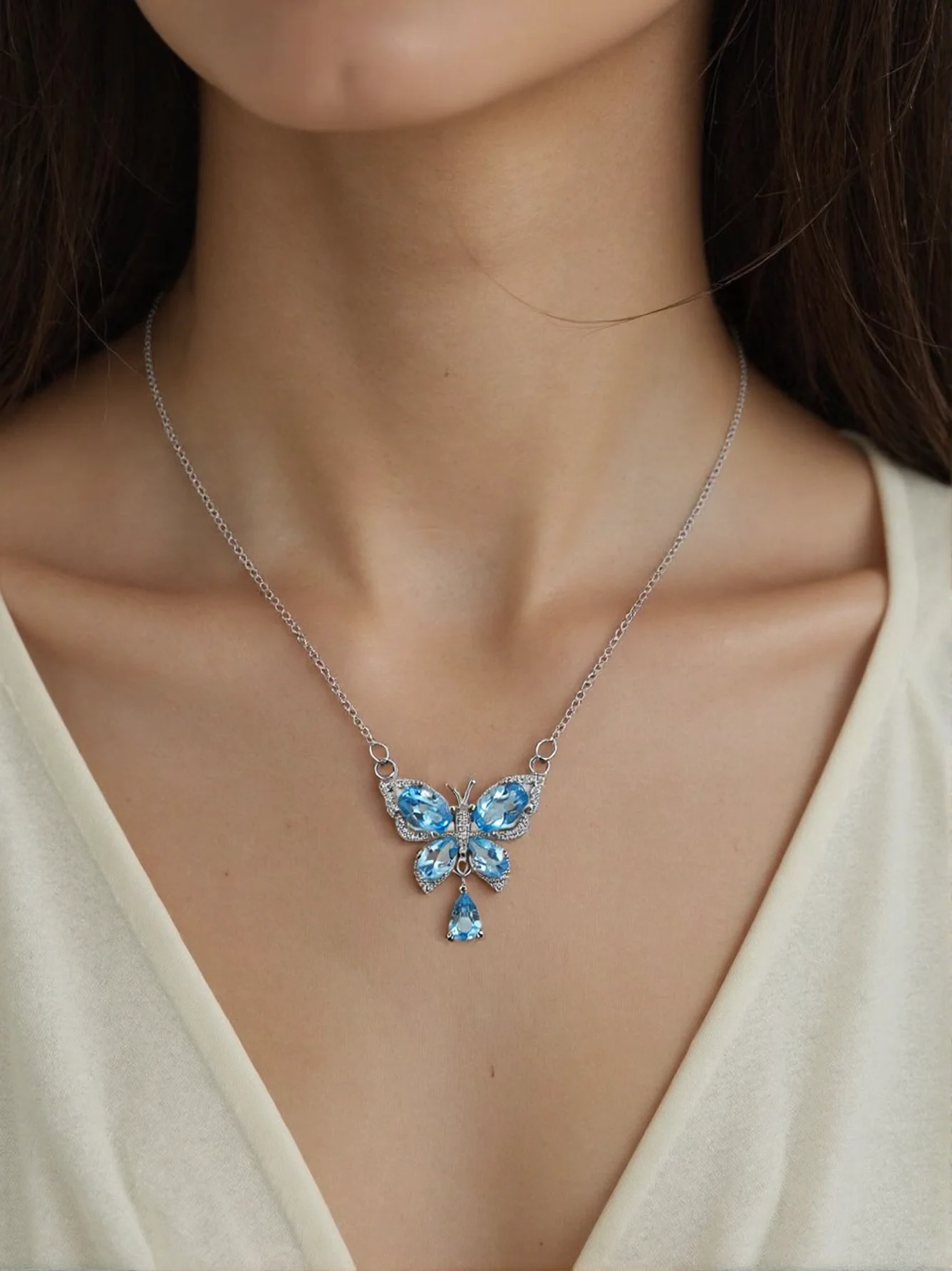 

S925 Silver Natural Topaz Butterfly Crystal Necklace - Exquisite Accessories for Dinner and Wedding