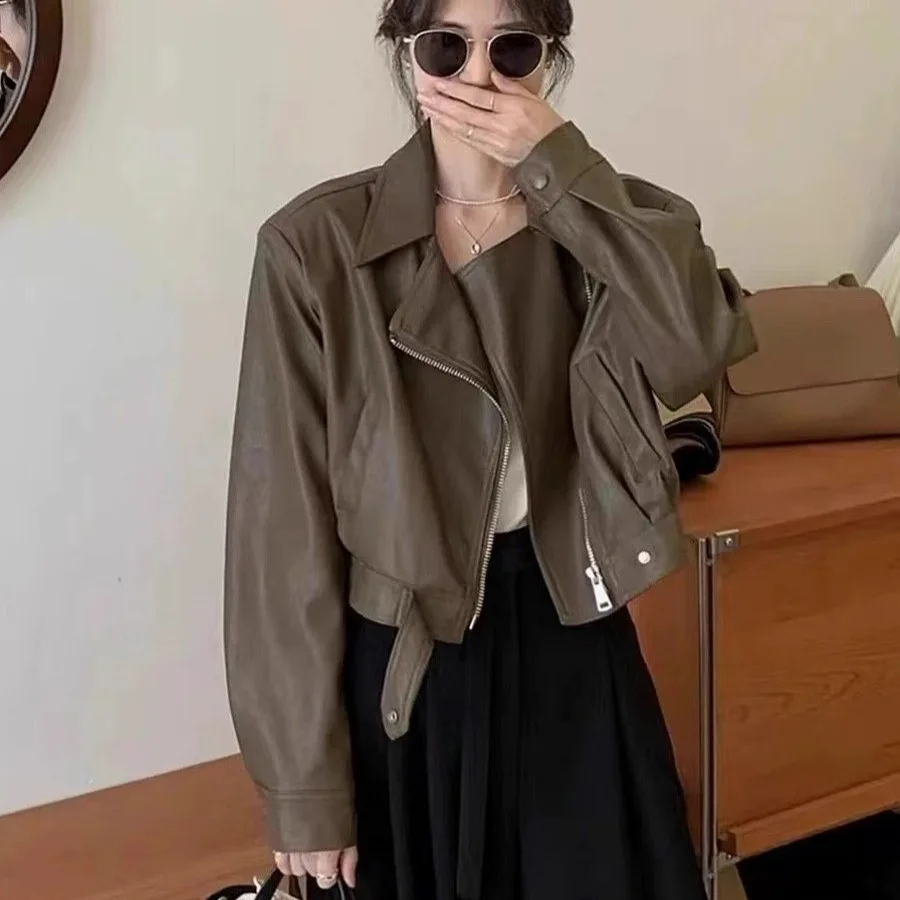 Brown PU Leather Jacket Women's 2026 Spring New Loose Hong Kong Style Short Motorcycle Jacket Biker Top Ultra Short Length 3
