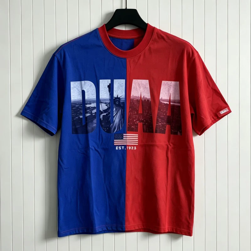 American Street Print DUAA Short Sleeve Red Blue Patchwork Round Neck Hotfix Rhinestone National Flag Men Women Tshirt Tops