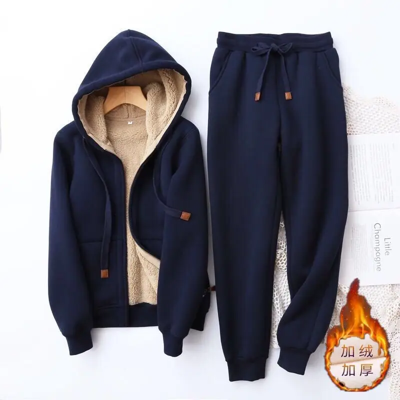 New Sports Suit 2-piece Zipper Simple Sweater Women's Autumn and Winter Korean Version Plush Thickened Long Sleeve Hooded Coat
