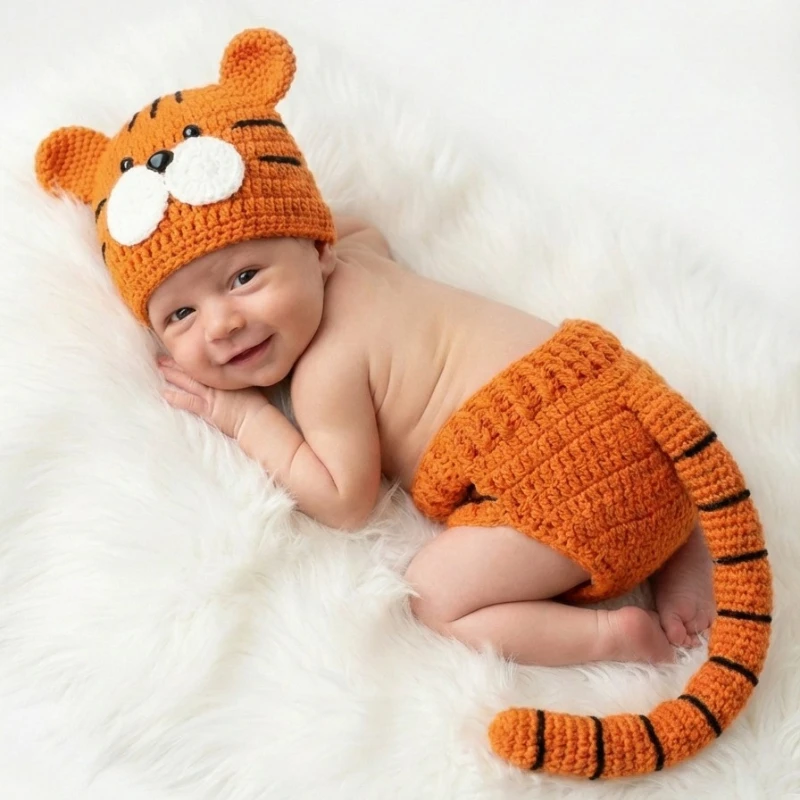2Pcs/Set Newborn Photography Props Tiger Costume Unisex Baby Boy Girl Handmade Knitted Animal Hat DiaperCover Photo Shoot Outfit
