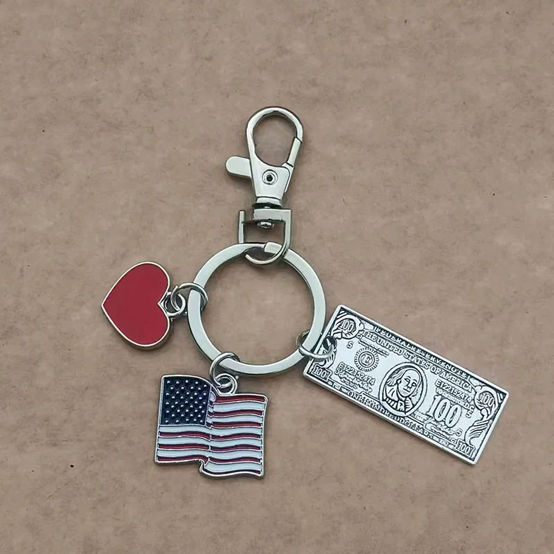 1 peça gota óleo esmalte corações bandeira americana chaveiro liga de zinco dólar moeda chaveiro
