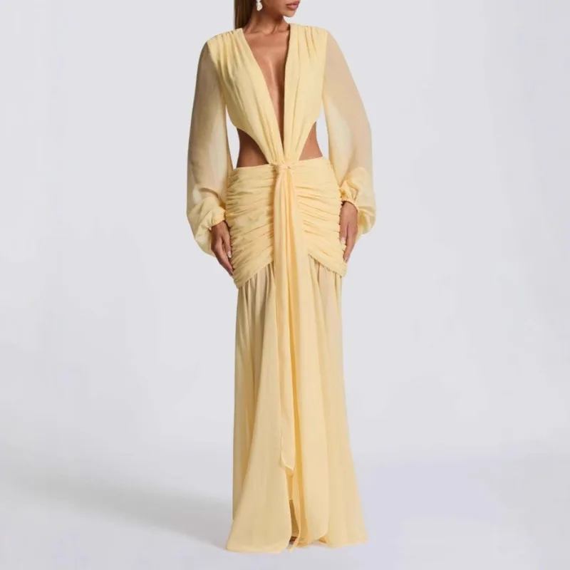 Neue Herbst Plissee Lose Backless frauen Kleid Sexy Unregelmäßige Solide Tiefem V-ausschnitt Langes Kleid Elegante Langarm Hohl Prom Kleid