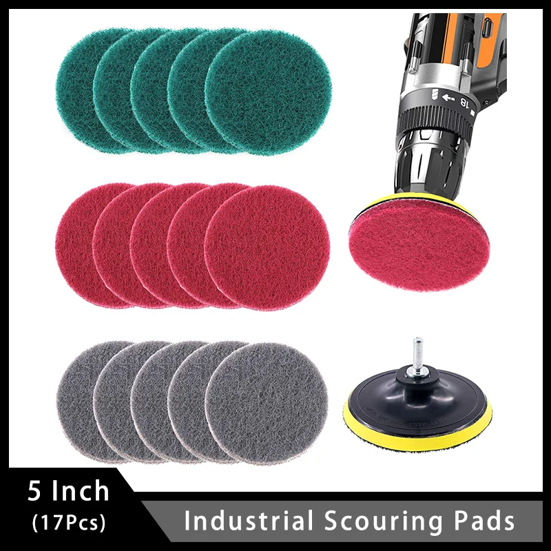 17Pcs 5Inch Drill Power Brush Tile Scrubber Scouring Pads Cleaning Kit for Bathroom Kitchen Cleaning With 3 Different Stiffness