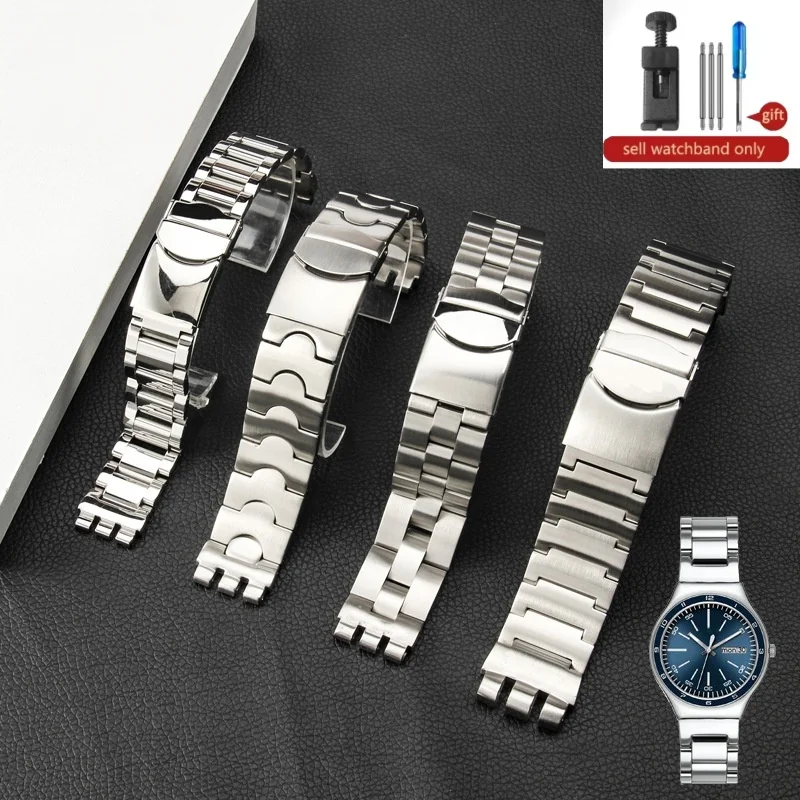 Solid Refined Steel Belt Men's Women's Hand Watch Strap 17/19mm for Swatch Ygs749g Three-Fork Concave-Convex Wtachband Wristband